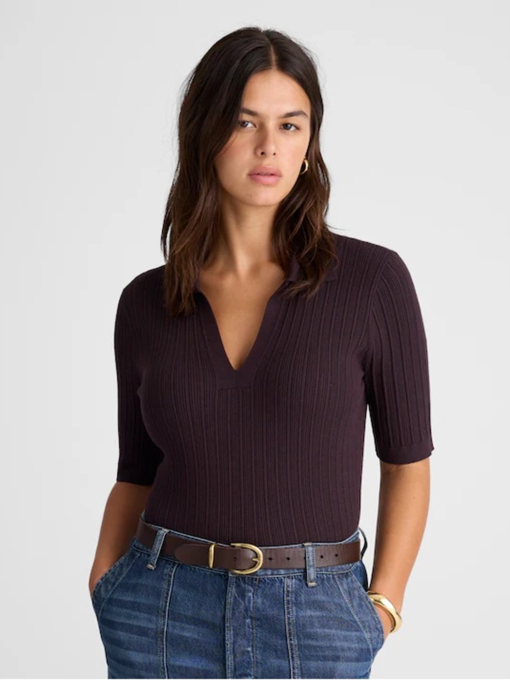 Madewell White Ribbed Polo Top with Contrast Trim large NWT